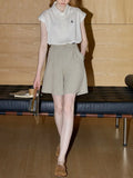 Cream-white Polo Collar Embroidered Sleeveless Shirt Flowering Girl