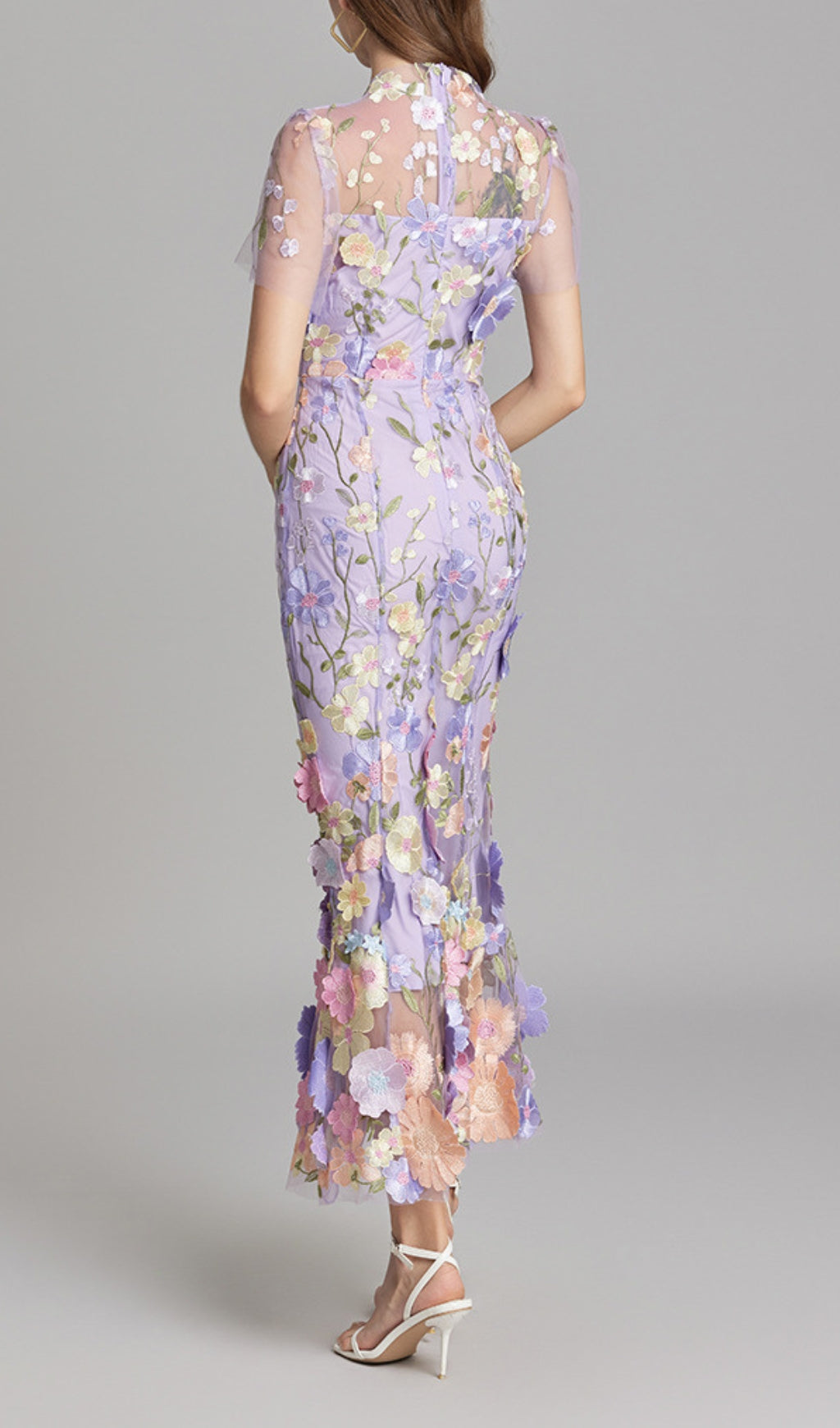 Carol Purple Floral Embroidery Mesh Fishtail Midi Dress Flowering Girl