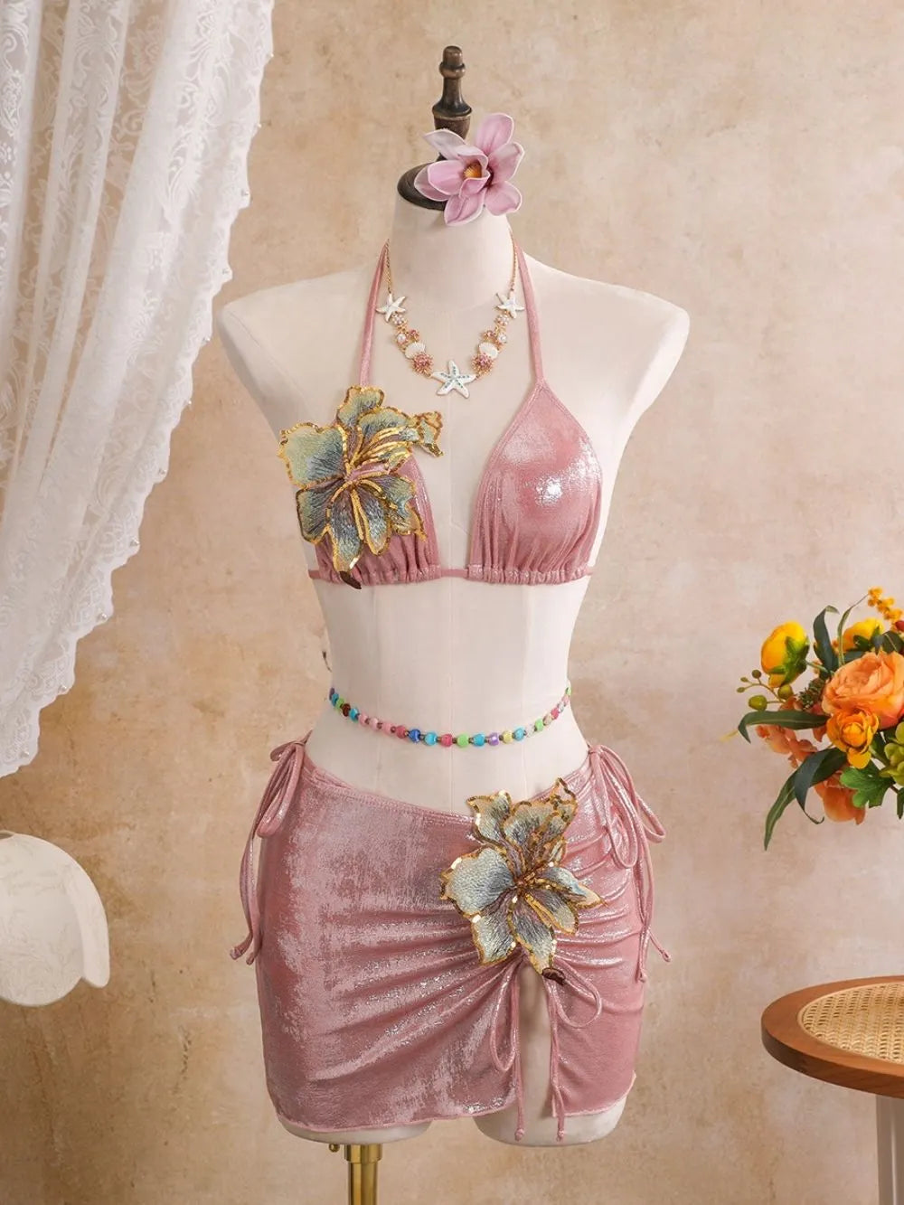 Ambric Pink Flower Three-Piece Swimsuit Flowering Girl