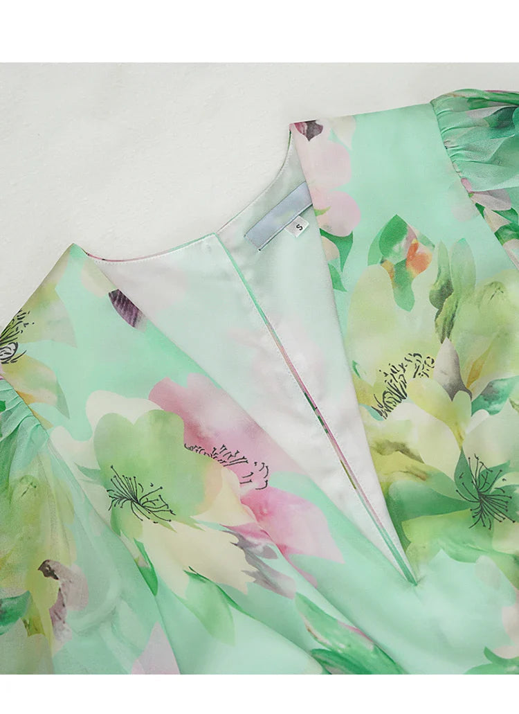 V Neck Floral Print Chiffon Maxi Dress In Green Flowering Girl