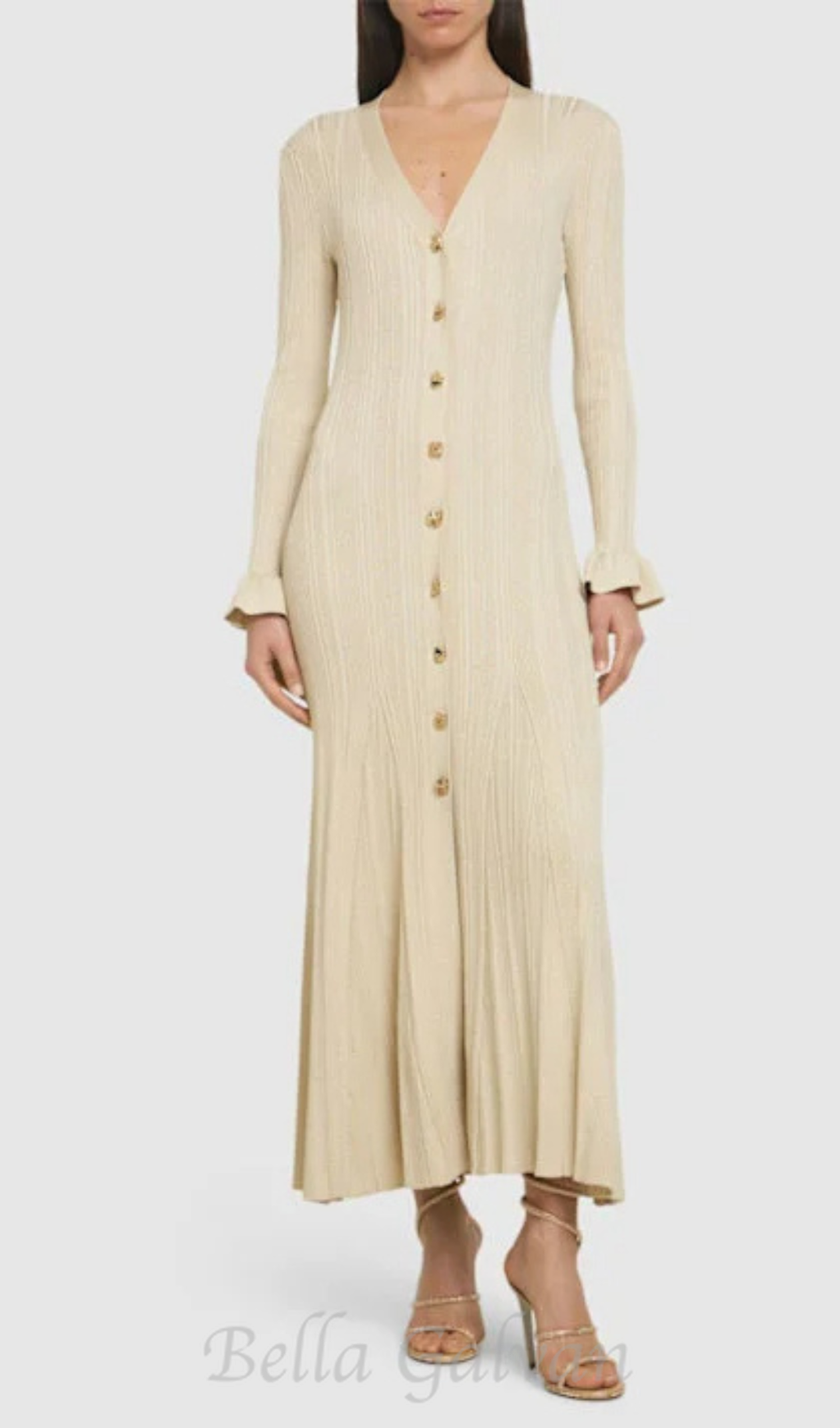Ribbed viscose lamé midi dress in beige Flowering Girl