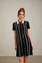 Zazie Black Vertical-Striped Ruffle-Trim Knit Mini Dress Flowering Girl