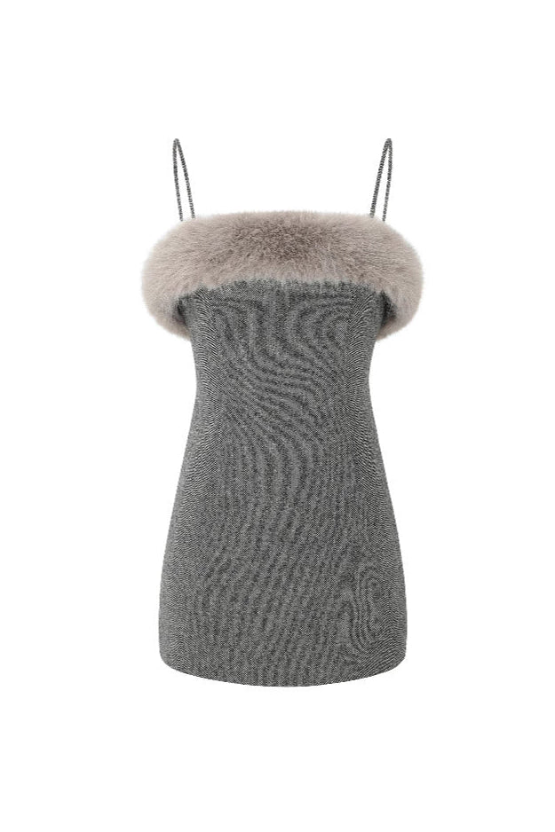 Victoria Spaghetti Faux Fur Mini Dress In Grey Flowering Girl