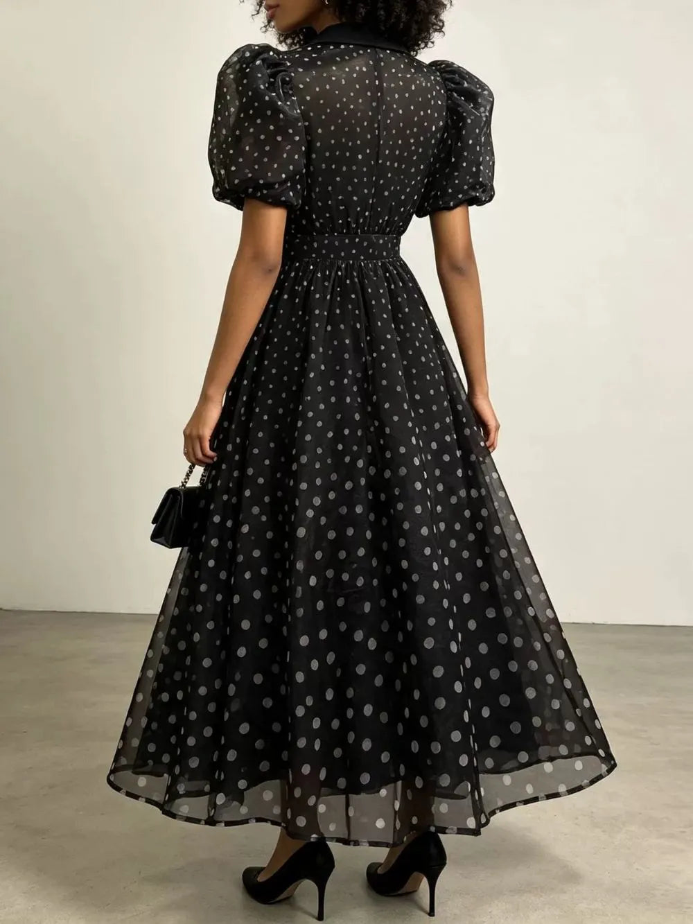 Maxence Black Polka Dot Puff-Sleeve Midi Dress Flowering Girl
