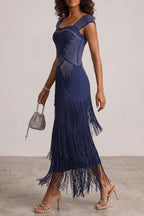 Cap Sleeve Square Neck Rhinestone Fringe Midi Dress Flowering Girl