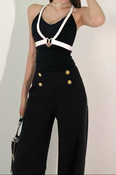 Black & White Halter Top With High-Waisted Wide-Leg Pants Flowering Girl