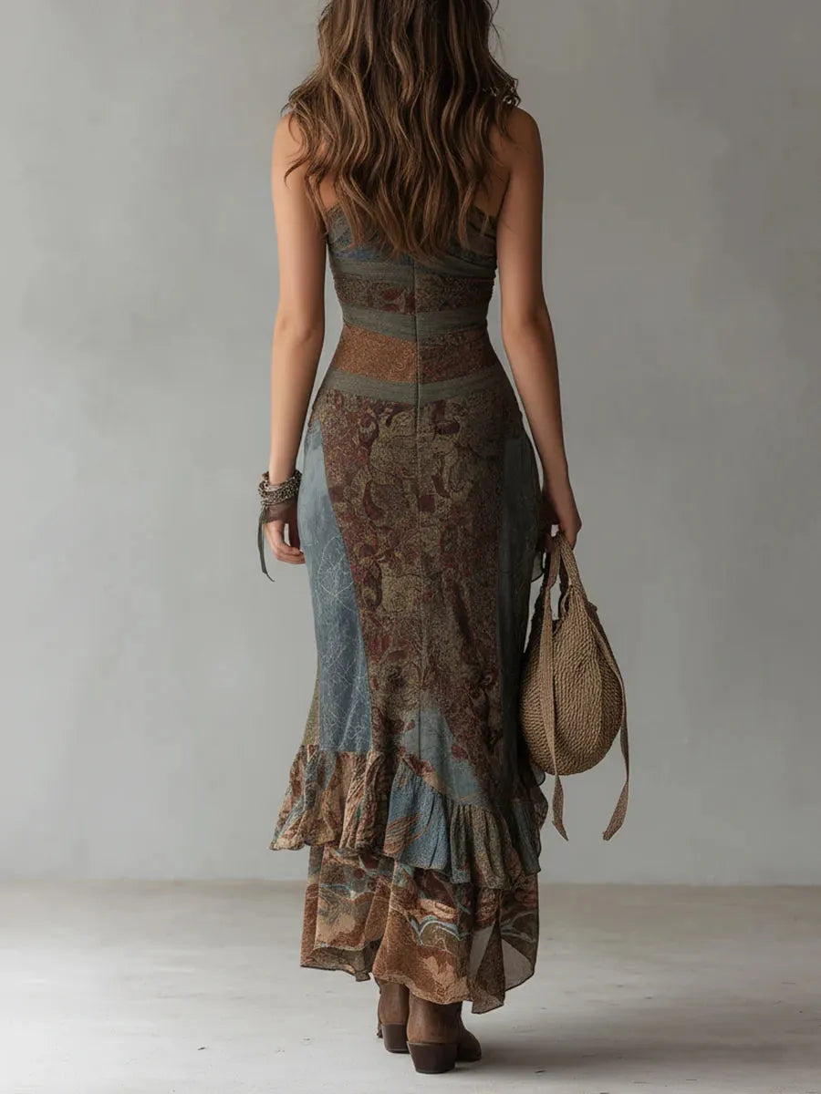 Ethnic-Style Printed One-Shoulder Maxi Dress with High Slit Flowering Girl