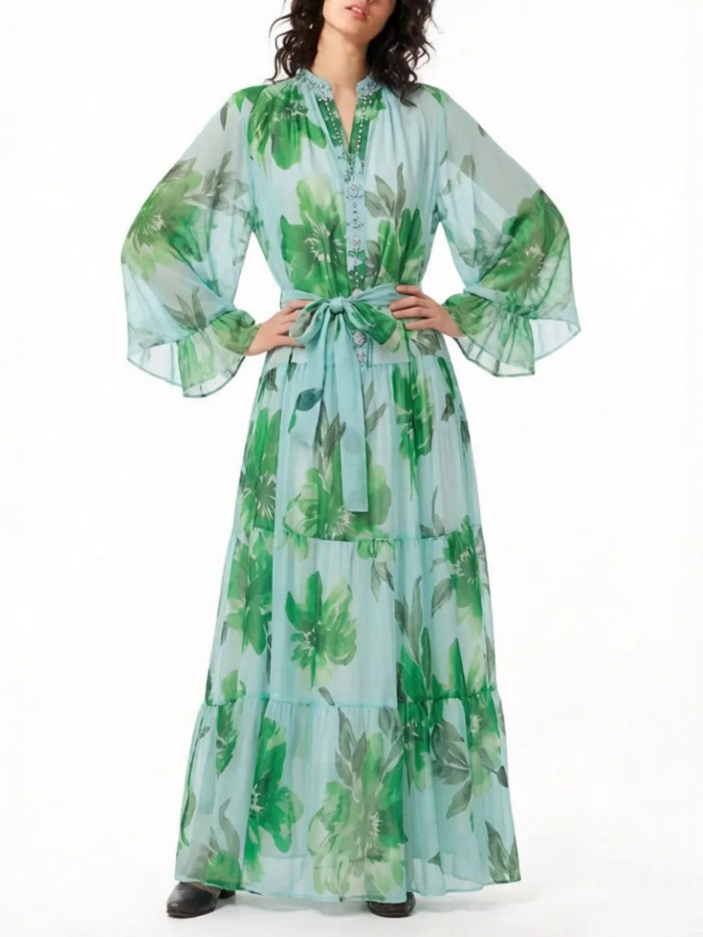 Mehta Green Floral Long Sleeve Maxi Dress Flowering Girl