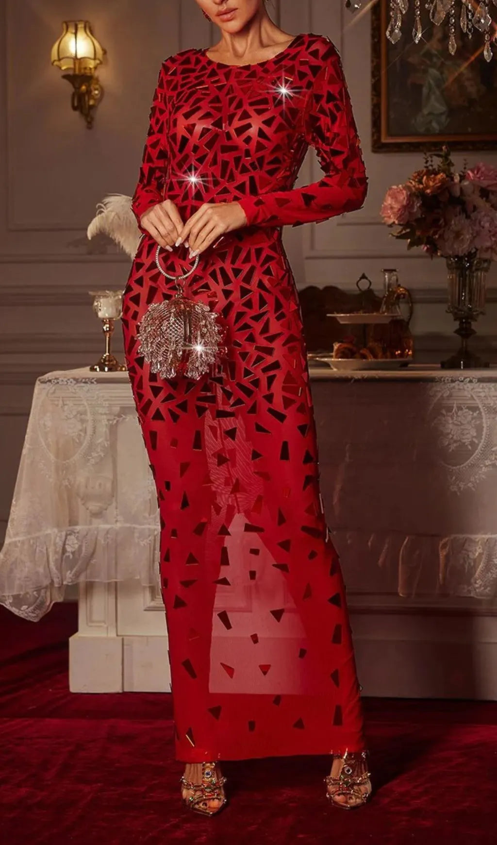 Guthrie Long Sleeve Acrylic Mesh Maxi Dress Flowering Girl