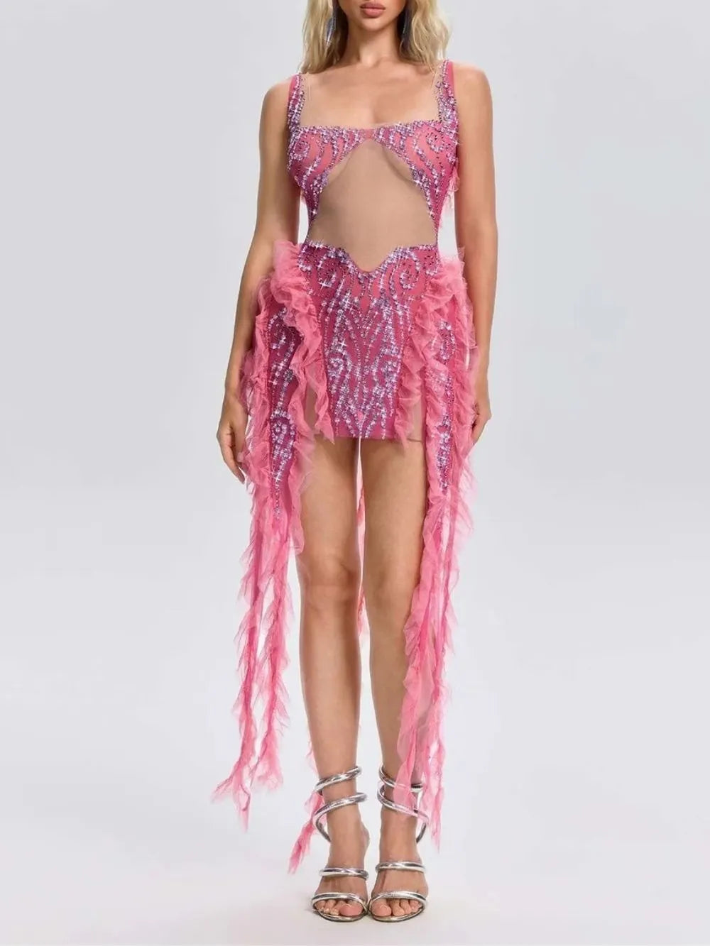 Ulrican Crystal Ruffle Mesh Mini Dress Flowering Girl