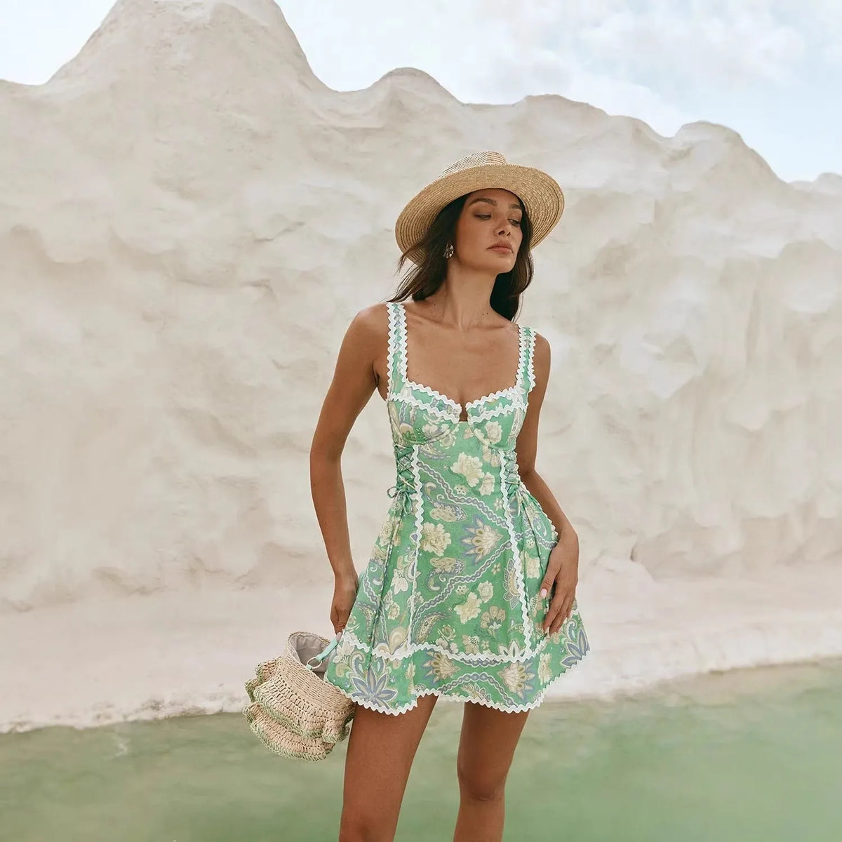 Green Linen Sleeveless Camisole Lace Dress Flowering Girl