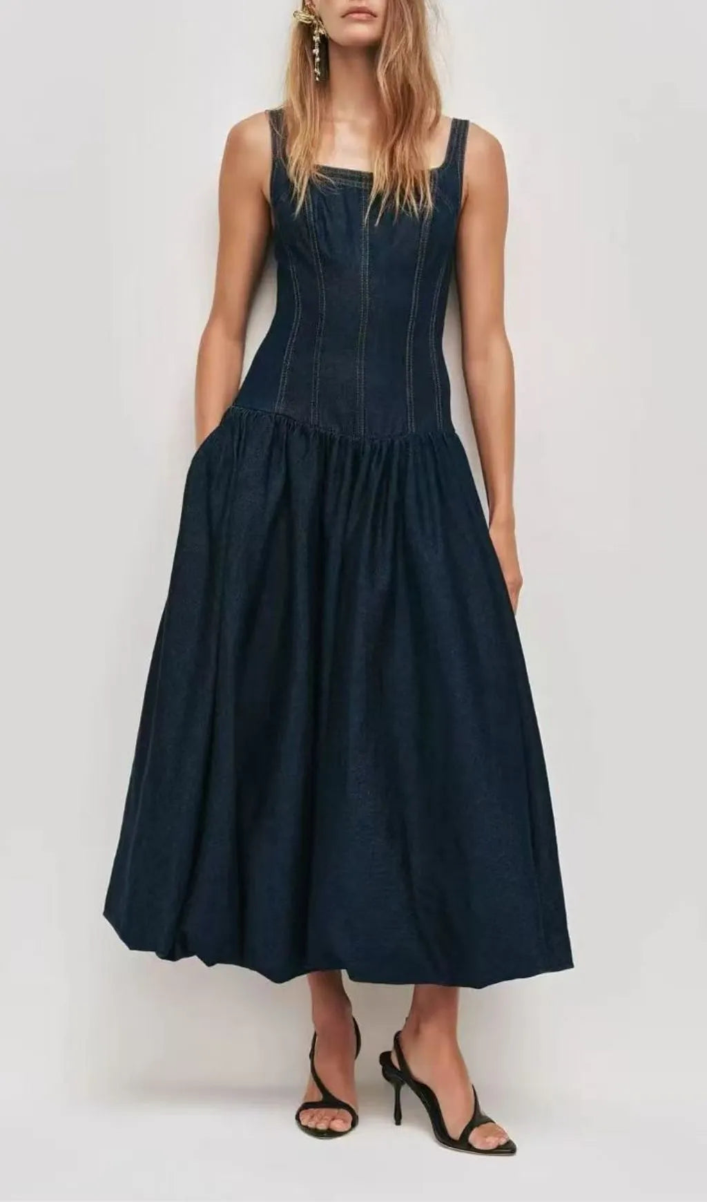 Larisa Square Neck Denim Midi Dress Flowering Girl