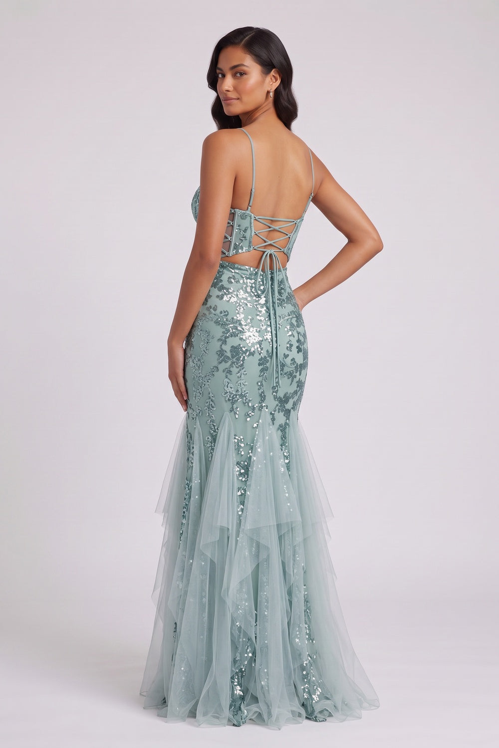 Seafoam Sequin Two-Piece Mermaid Evening Gown Flowering Girl