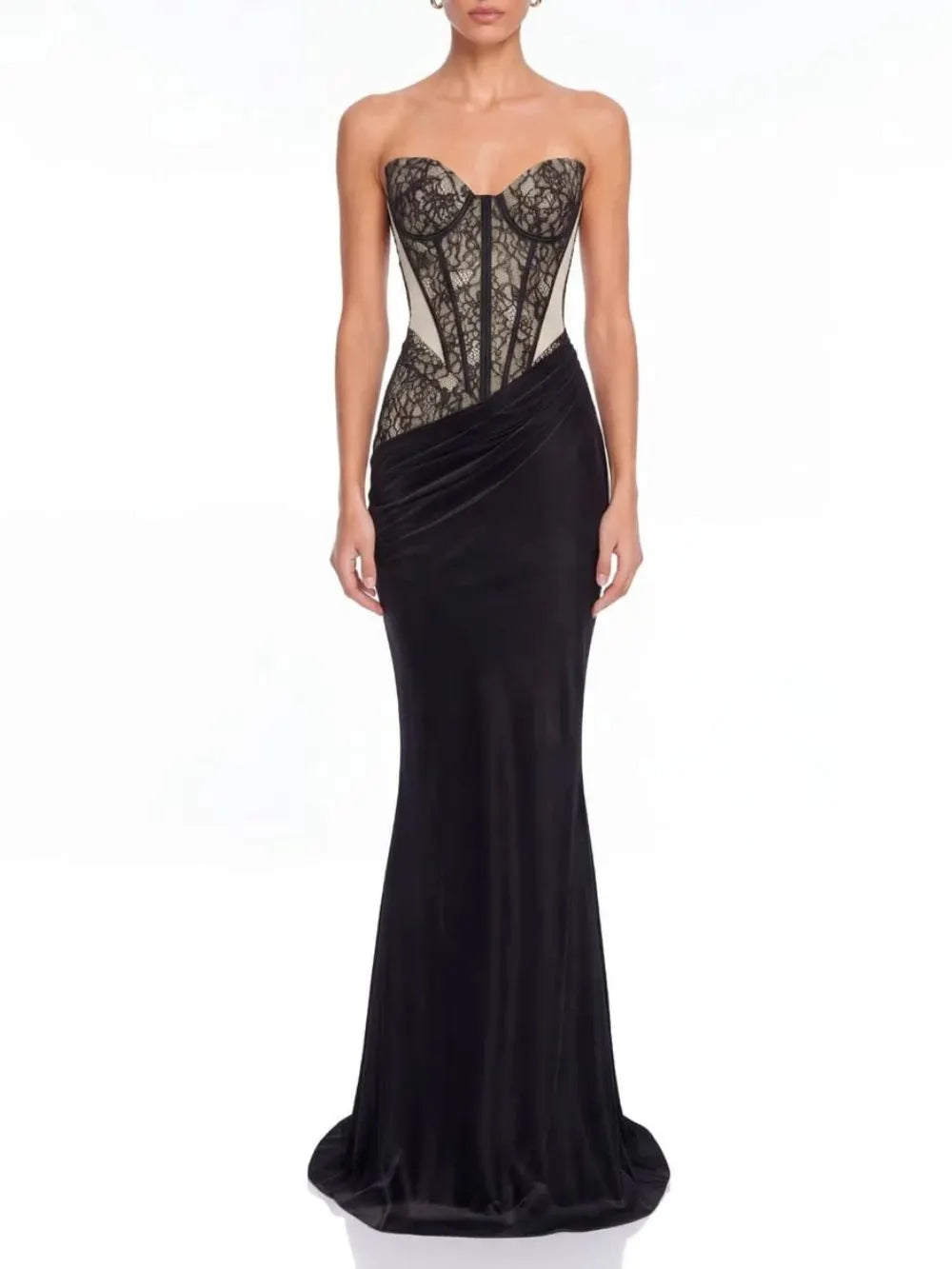 Xervik Strapless Lace Satin Maxi Dress In Black Flowering Girl