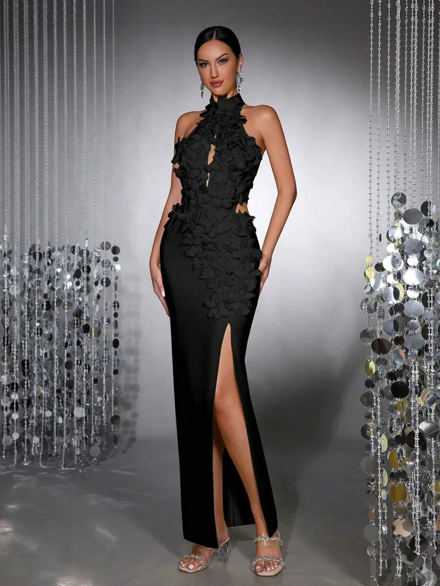 Celeste 3d Flower Halter High Slit Backless Maxi Dress In Black Flowering Girl