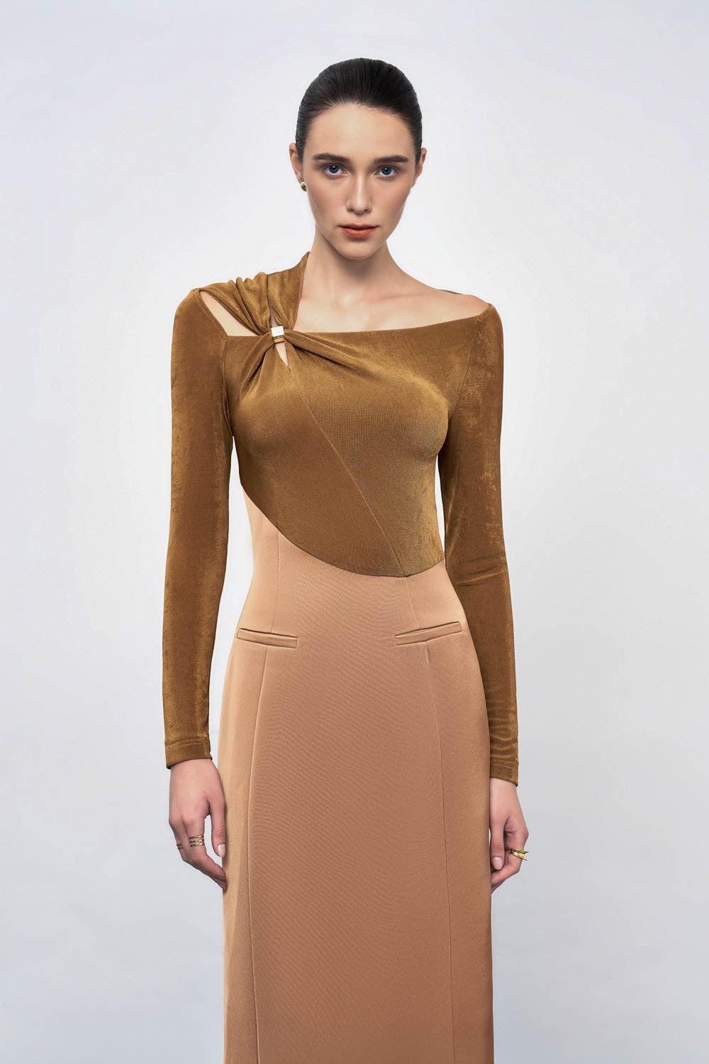 Eleanor Sheath Asymmetric Neck Taffeta Midi Dress in brown Flowering Girl