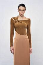 Eleanor Sheath Asymmetric Neck Taffeta Midi Dress in brown Flowering Girl