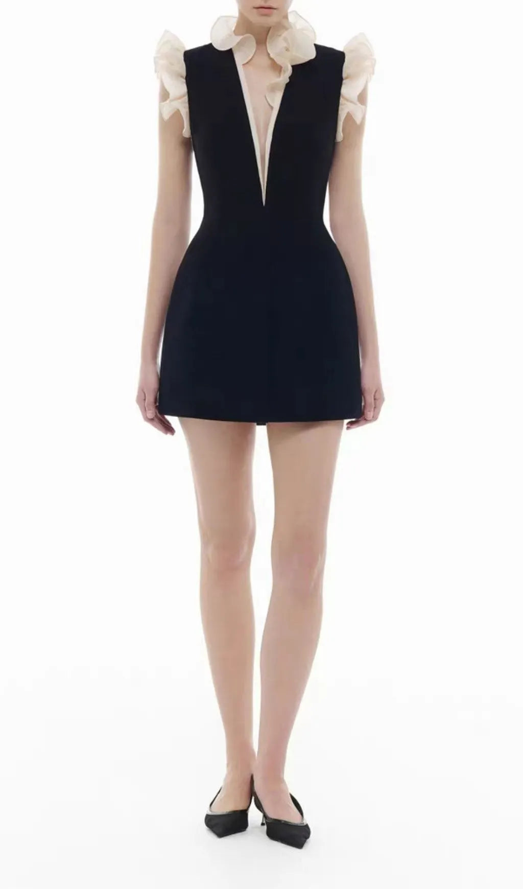 Kira Black V-neck Ruffle Mini Dress Flowering Girl