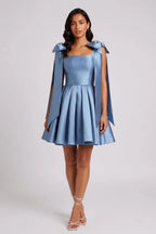 Square Neck Bow Strap Satin Mini Dress Flowering Girl