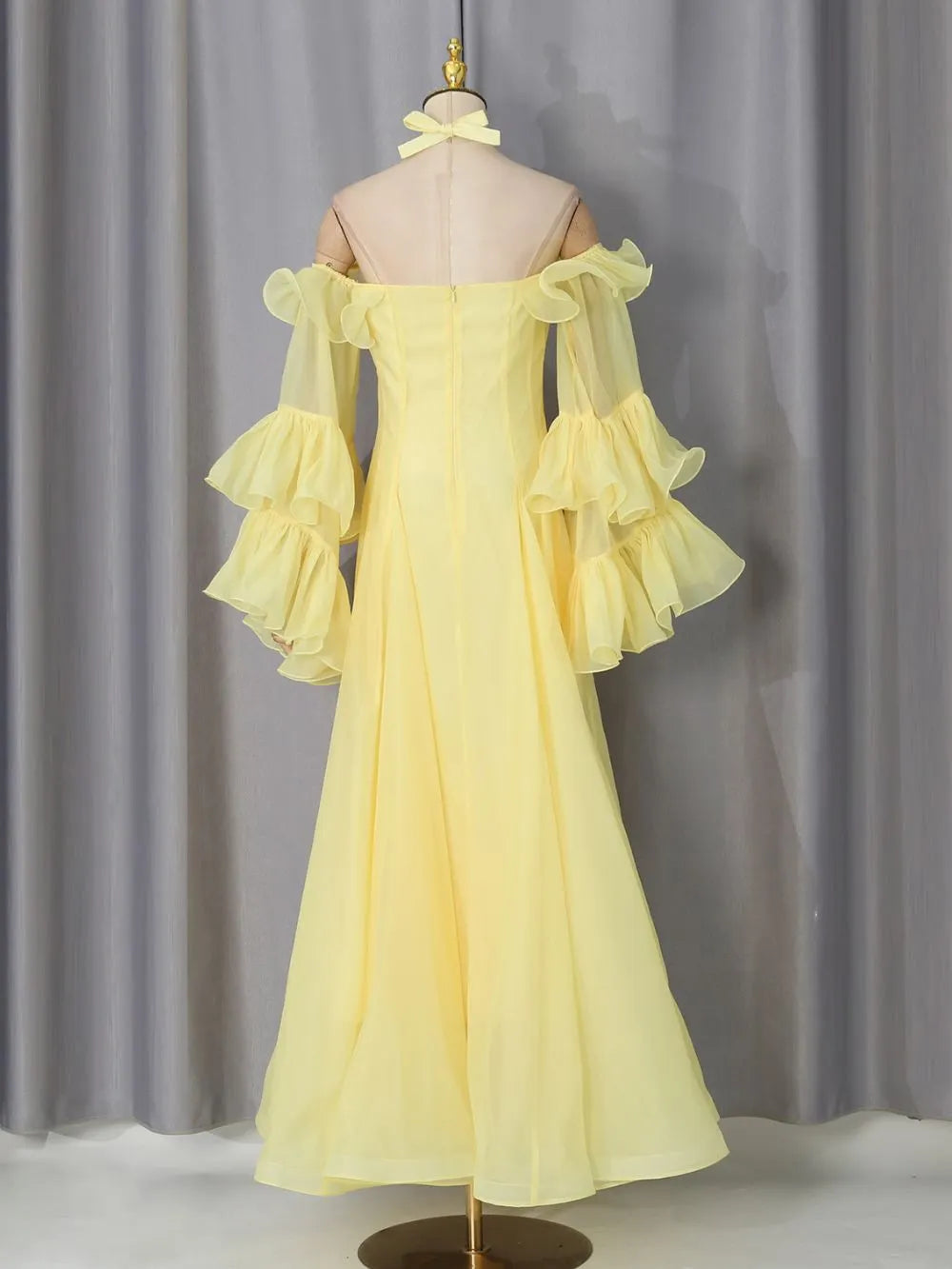 Melek Yellow Halter Flower Long Sleeve Maxi Dress Flowering Girl