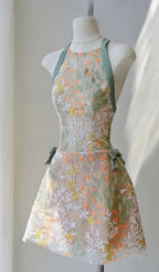 Itsuo Halter Flower Embroidery Mini Dress Flowering Girl
