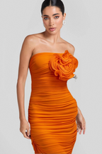 Orange Open Back Ruched Flower Bodycon Maxi Dress Flowering Girl