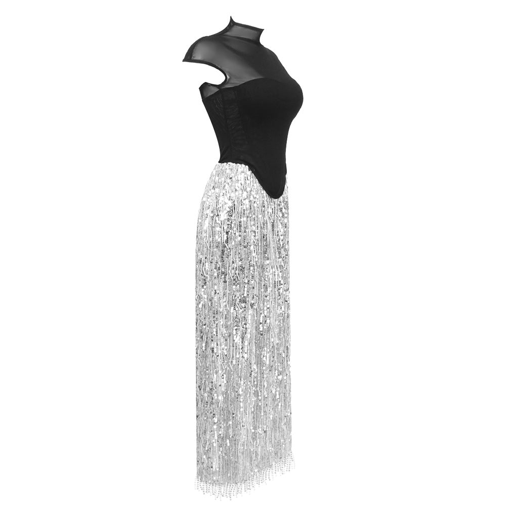 Tassel Sequin Black Corset Maxi Dress Flowering Girl