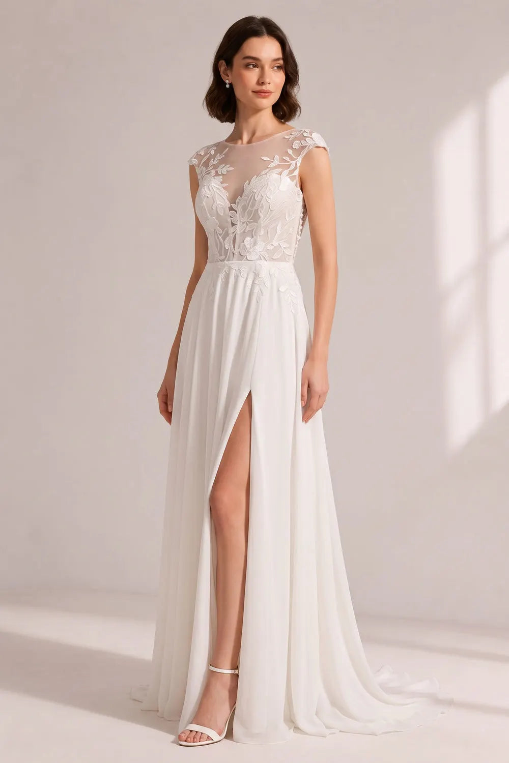 Illusion Cap Sleeve Floral Lace High Slit Chiffon Wedding Gown Flowering Girl