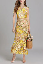 Floral Embroidery Mesh Fishtail Midi Dress In Yellow Flowering Girl