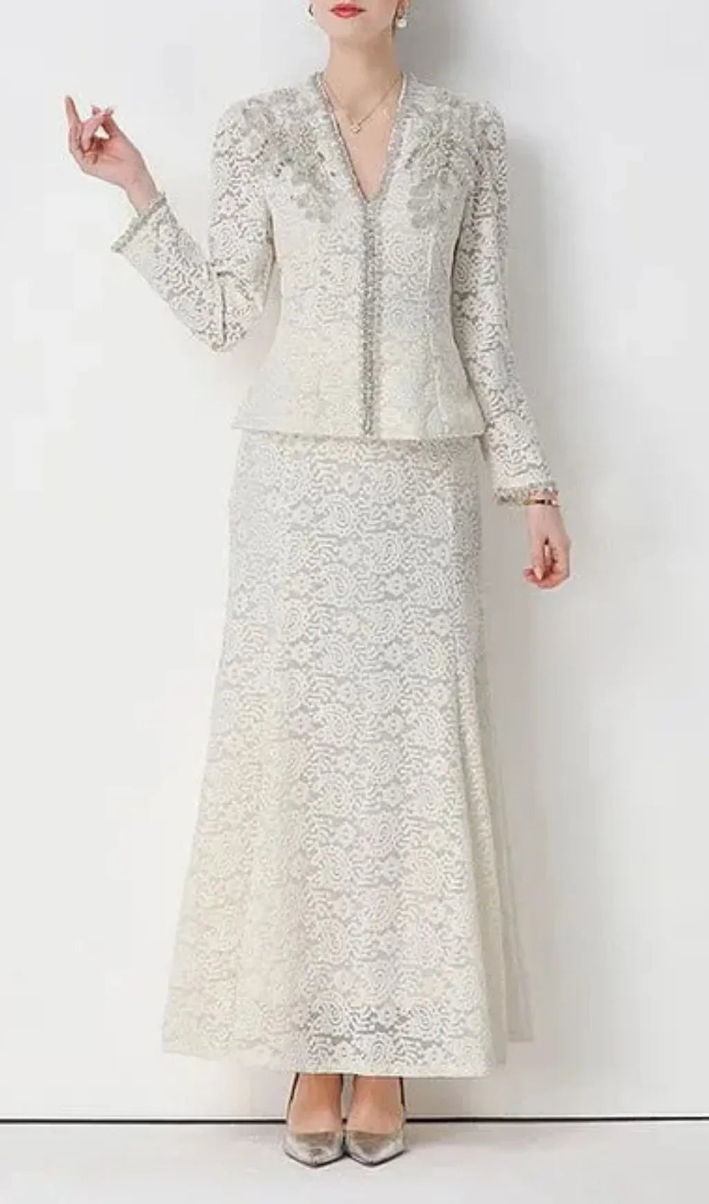 Georgia Beaded V-Neck Lace Top & Fishtail Skirt Set Flowering Girl