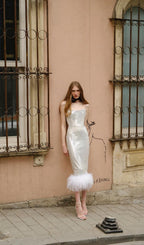 Sequin Feather Midi Dress In White Flowering Girl