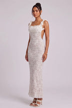 White Lace Maxi Dress with Ruffled Square Neckline Flowering Girl
