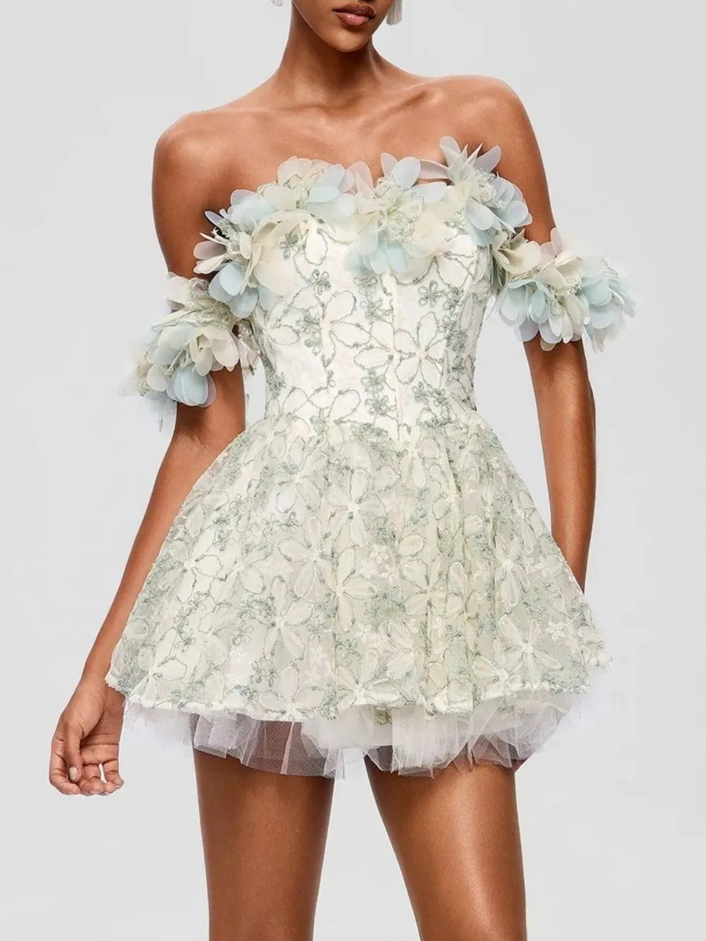 Fredrica Off Shoulder Flower Sequin Mini Dress Flowering Girl