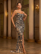 Spaghetti Black Split Maxi Sequin Dress Flowering Girl