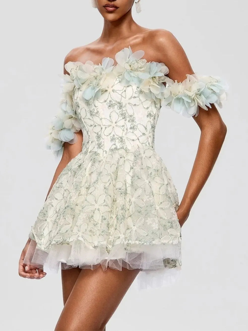 Fredrica Off Shoulder Flower Sequin Mini Dress Flowering Girl