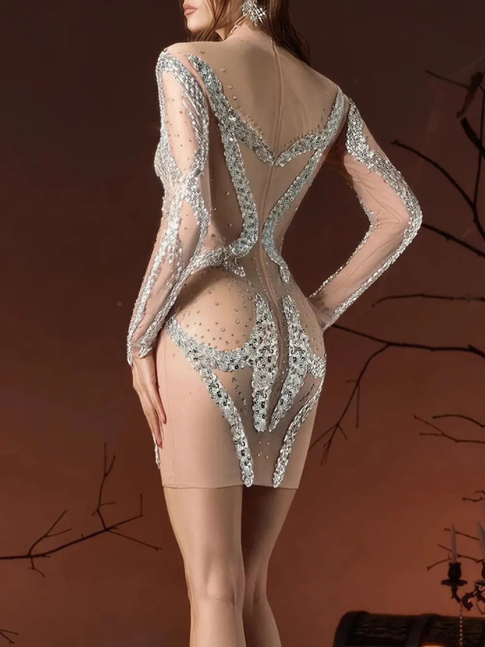 Inflector Sequin Mesh Rhinestone Mini Dress Flowering Girl