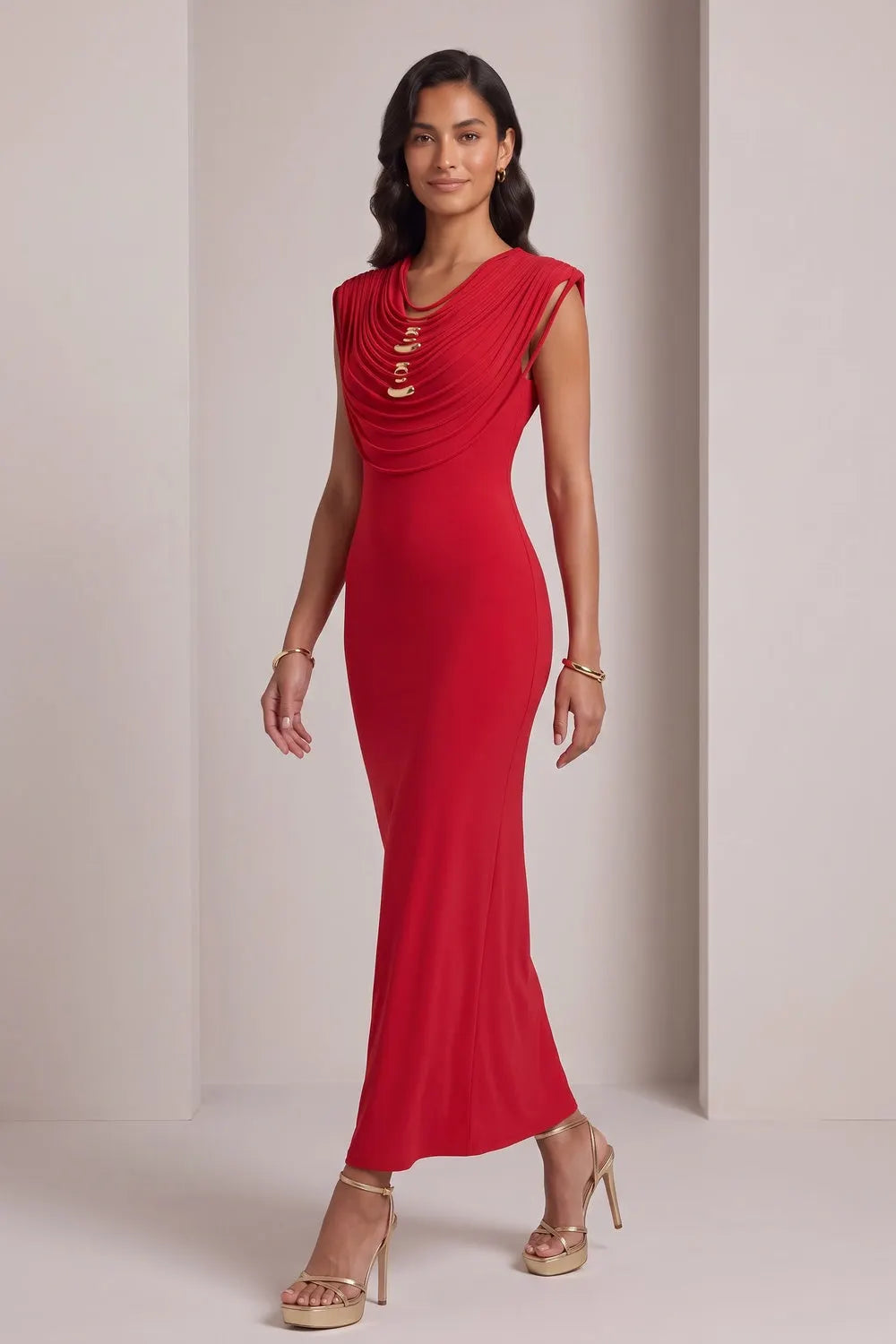 Red Stretch Jersey Or Crepe Fitted Column Dress Flowering Girl