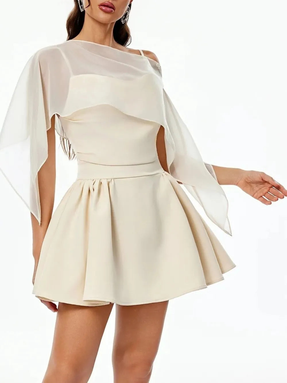 Yaven Spaghetti Cape Flared Mini Dress Flowering Girl