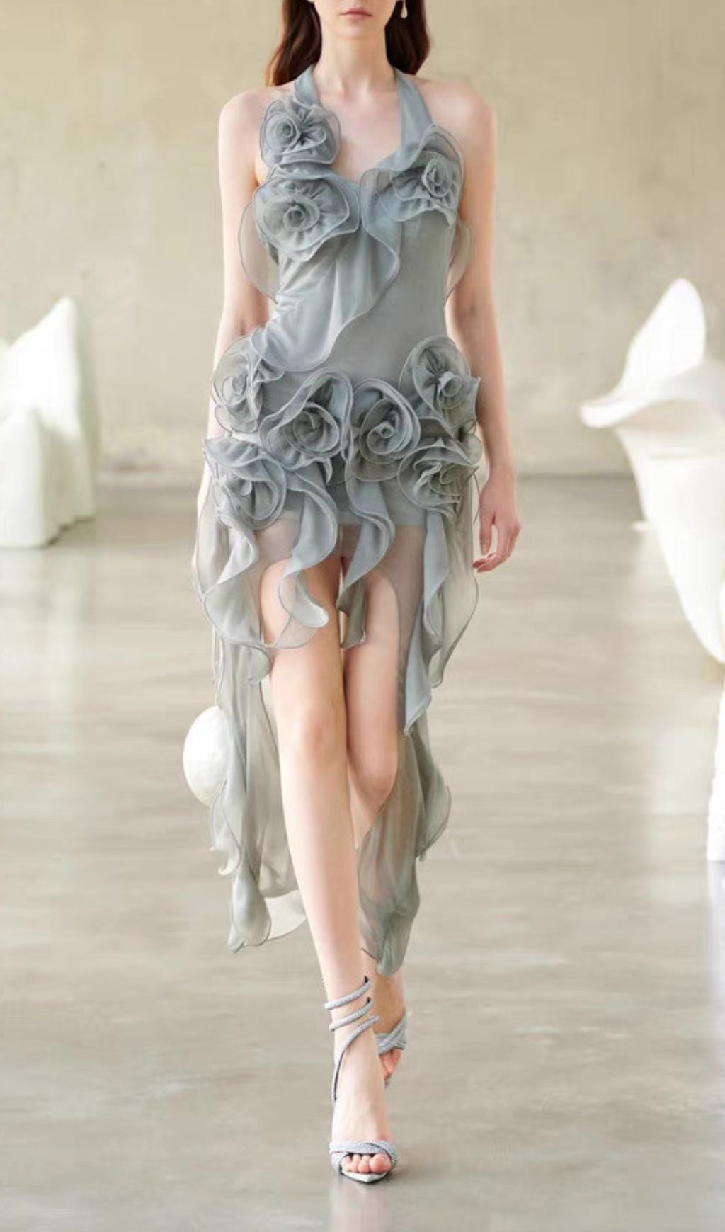 Hailey Grey Halter Flower Maxi Dress Flowering Girl