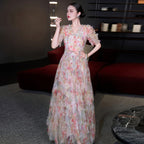 Jodie V Neck Multicolor Ruffle Trim Tulle Maxi Dress Flowering Girl