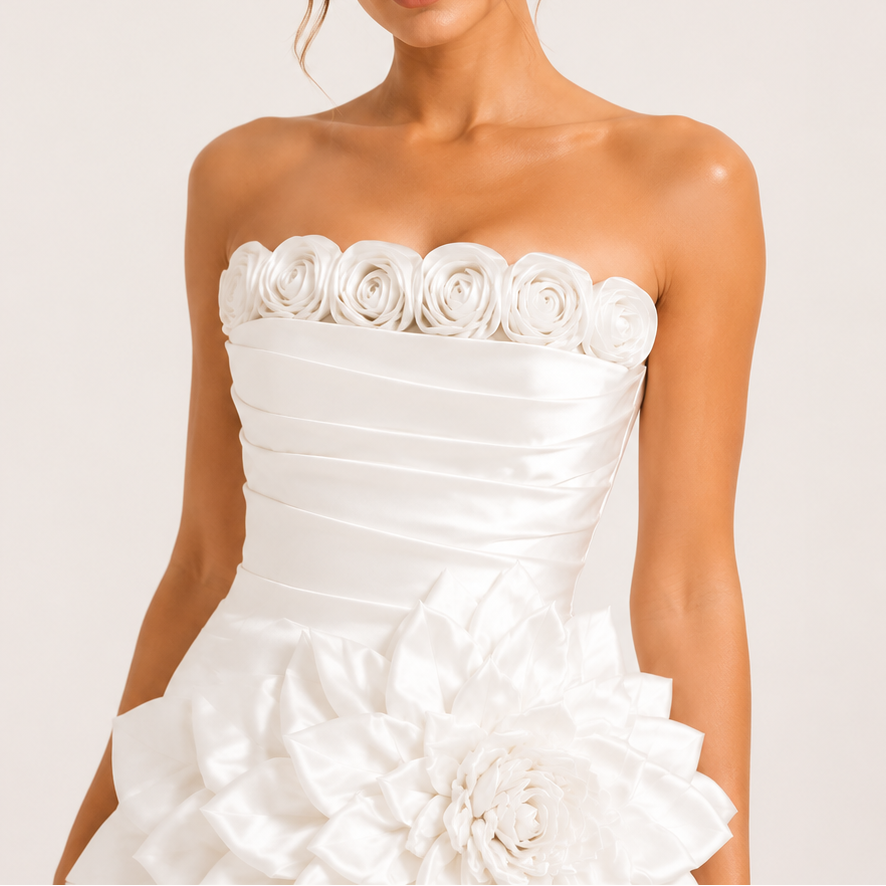 Strapless 3D Floral Satin Mini Dress In White Flowering Girl