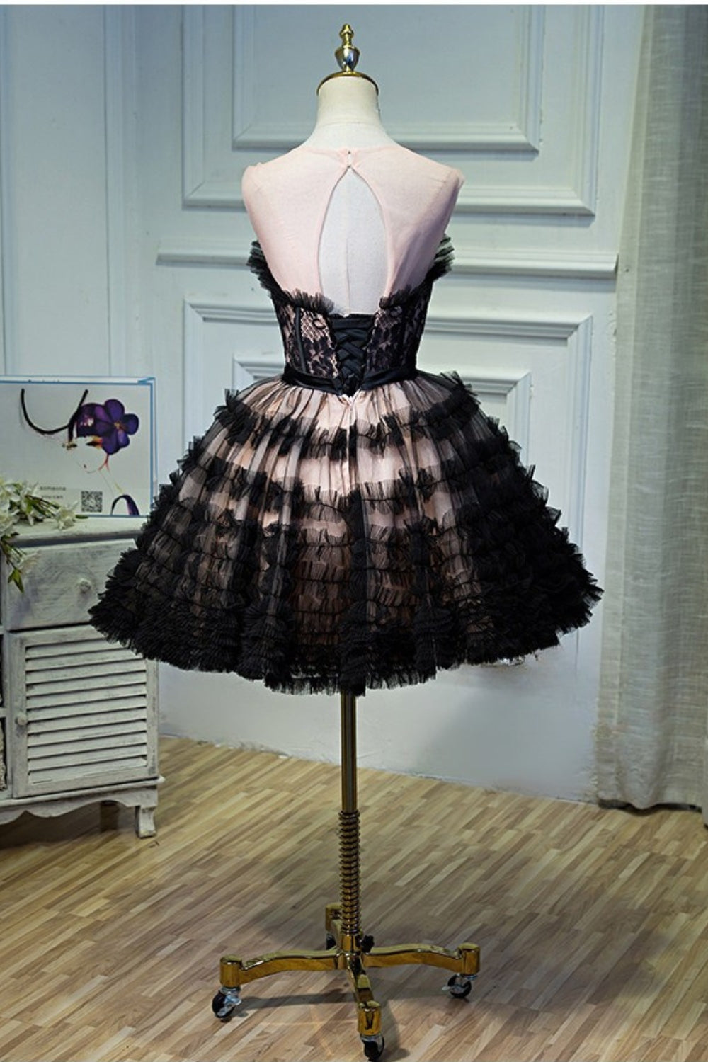 Lorraine Bow Lace Strapless Puffy Mini Dress In Black Flowering Girl