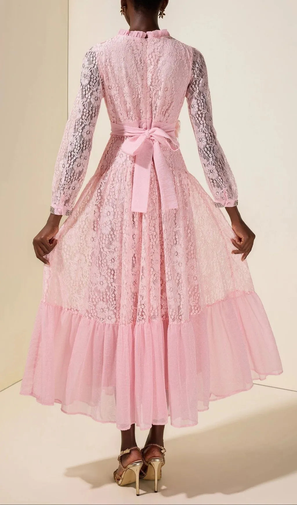 Virginia Lace 3D Flower Rhinestone Rivets Midi Dress - Pink Flowering Girl