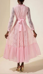 Virginia Lace 3D Flower Rhinestone Rivets Midi Dress - Pink Flowering Girl