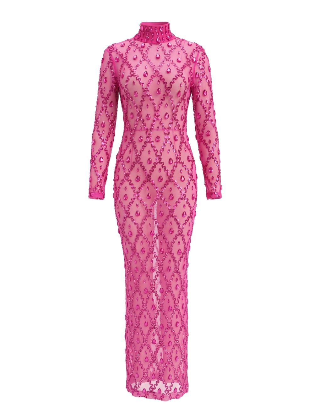 Long Sleeve Embellished Sequin Mesh Maxi Dress Hot Pink Flowering Girl