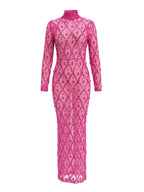 Long Sleeve Embellished Sequin Mesh Maxi Dress Hot Pink Flowering Girl