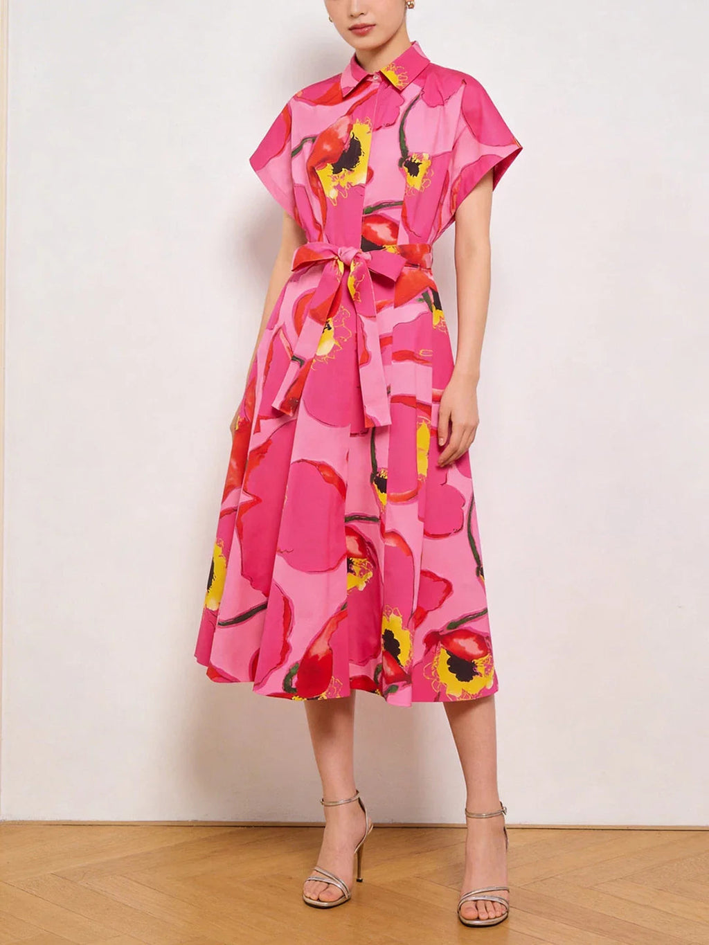 Satin Pink Single-Breasted Midi Dress Flowering Girl