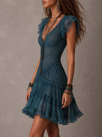 Retro Blue Lace & Chiffon Ruffled Mini Dress Flowering Girl