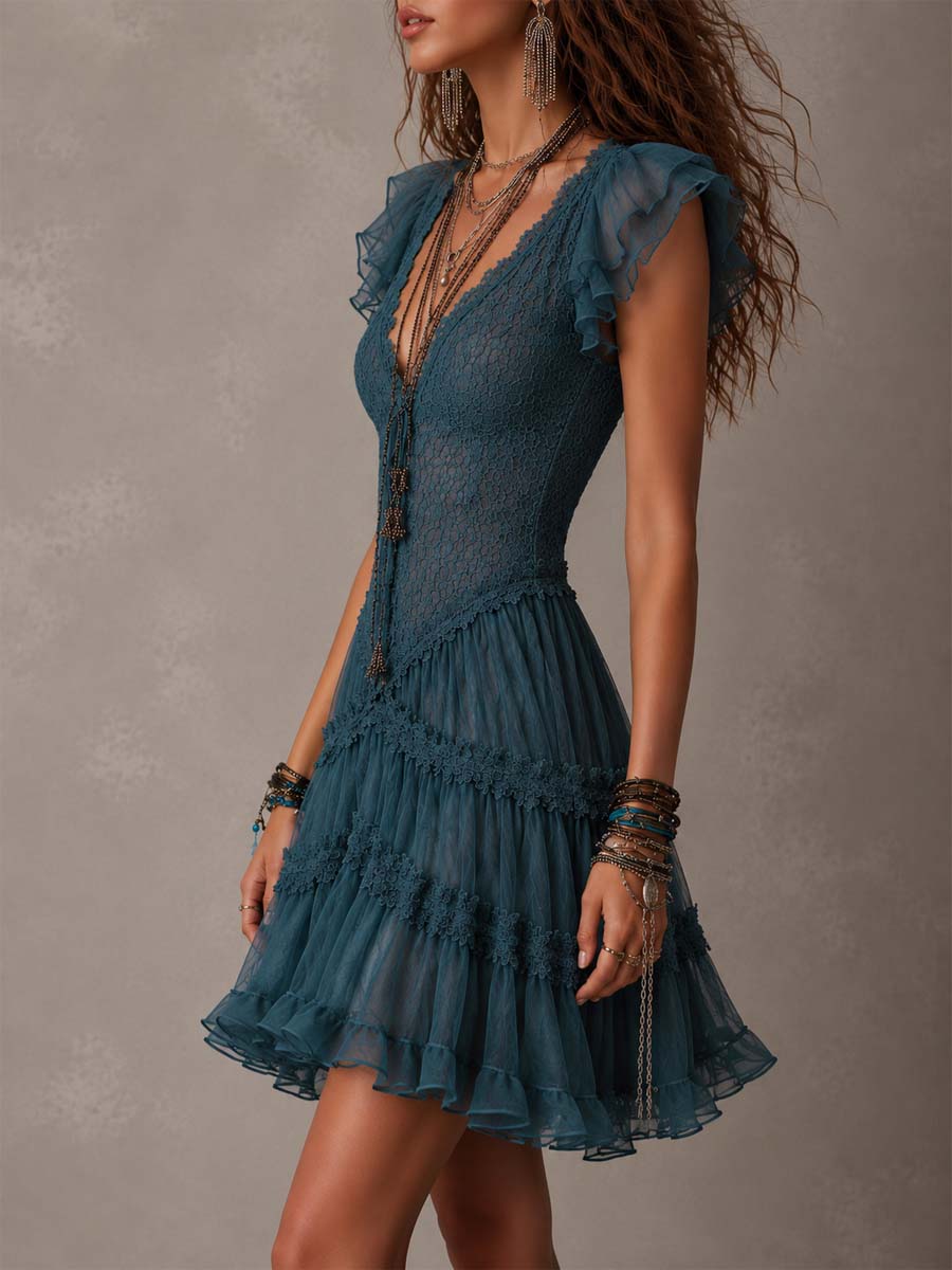 Retro Blue Lace & Chiffon Ruffled Mini Dress Flowering Girl