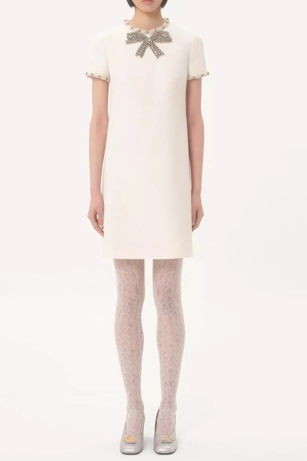 Jocelyn Rhinestone Embroidered Crepe Mini Dress In Ivory Flowering Girl